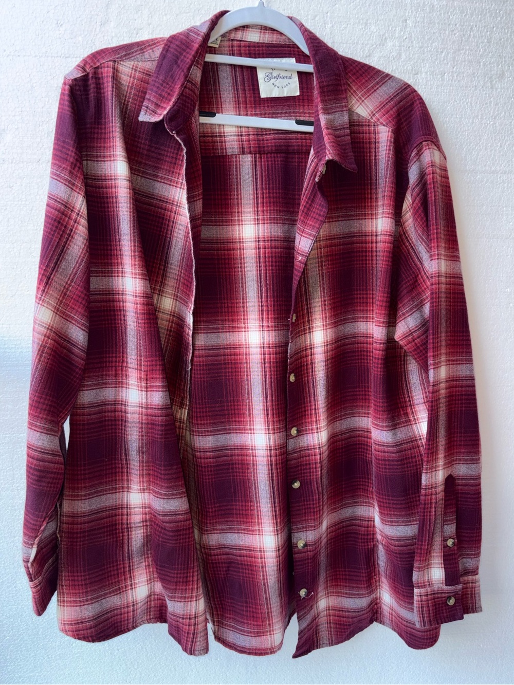 Jachs Girlfriend Plaid Flannel Long Sleeve Button Down Shirt Burgundy White